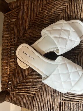 Tahari White Quilted Slide Sandals